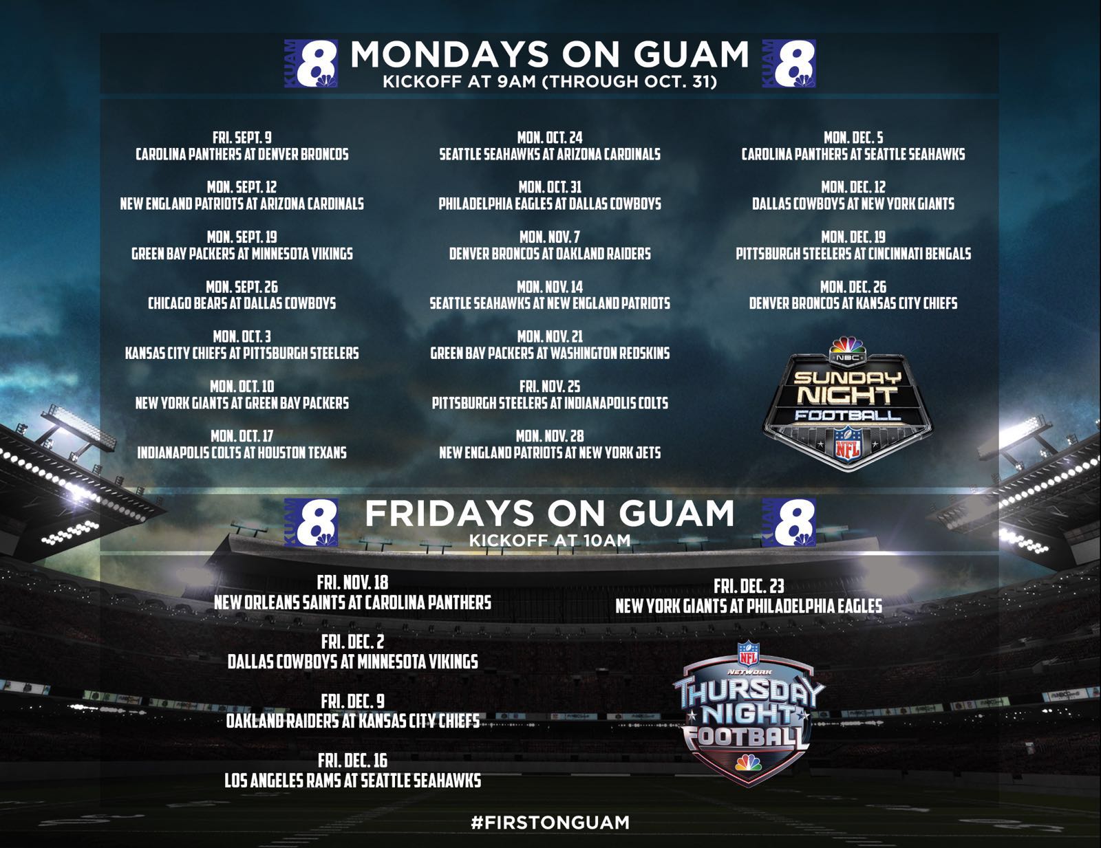 KUAM News - Football season is back on the stations of @kuamcommunications.  Here's your NBC NFL Sunday Night Football schedule for the 2022-2023 season  on KUAM TV8. Check kuam.com for weekly CBS