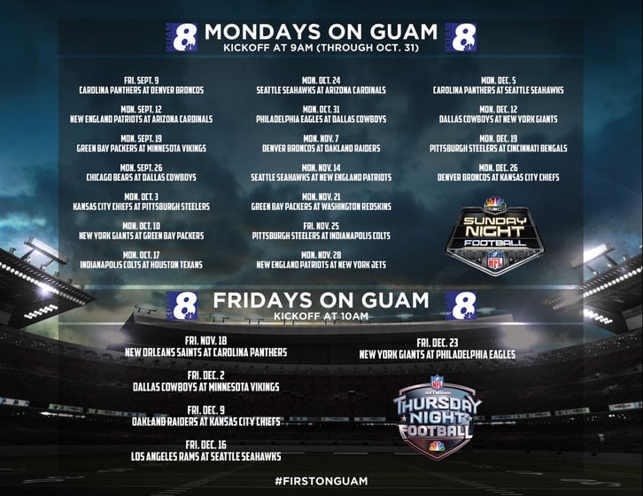 KUAM News - Football season is back on the stations of @kuamcommunications.  Here's your NBC NFL Sunday Night Football schedule for the 2022-2023 season  on KUAM TV8. Check kuam.com for weekly CBS