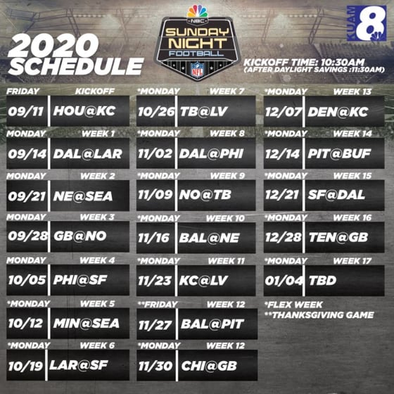 2020 Sunday Night Football NFL Season Schedule - KUAM.com-KUAM News: On Air. Online. On Demand.