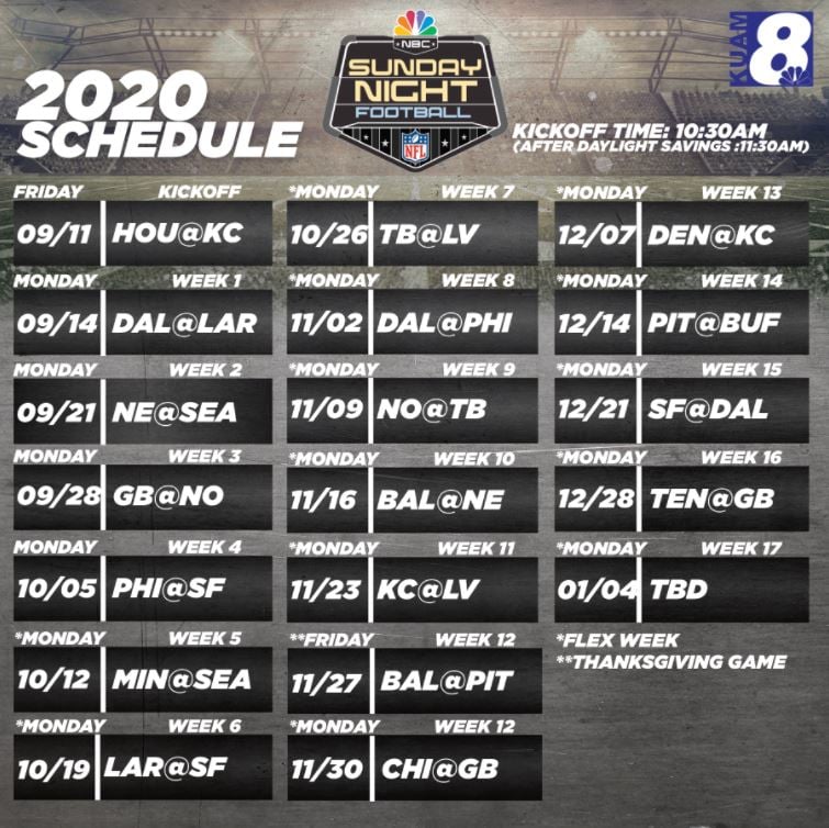 2020 Sunday Night Football NFL Season Schedule - -KUAM News: On  Air. Online. On Demand.