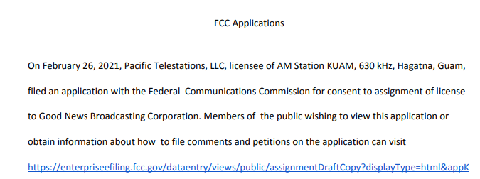 FCC applications - local notice of filing March 3, 2021)