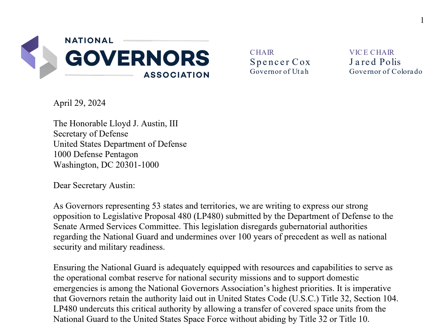 National Governors Association writes to Department of Defense calling for immediate discontinuation of Legislative Proposal 480 - Vimarsana News