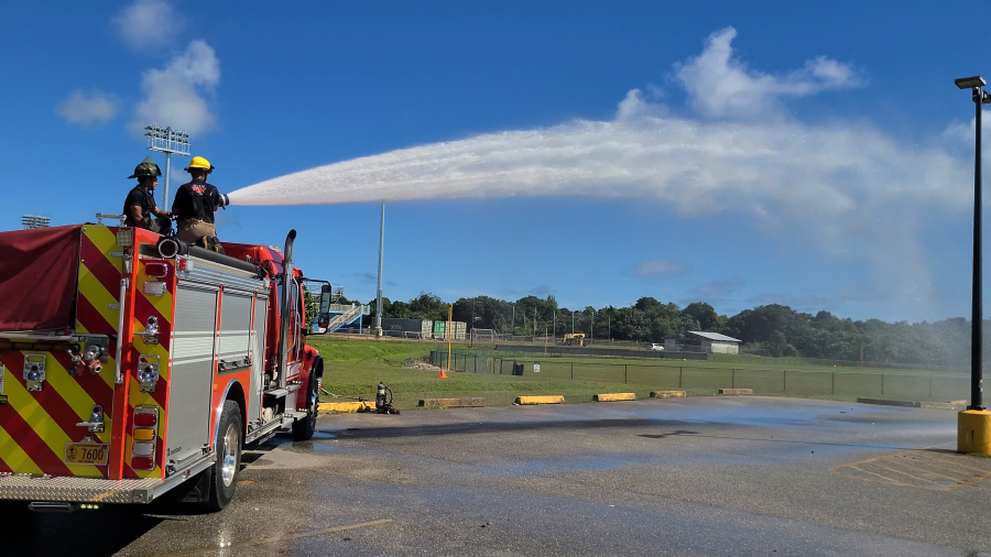 Firefighters conduct confidence exercise on water cannon